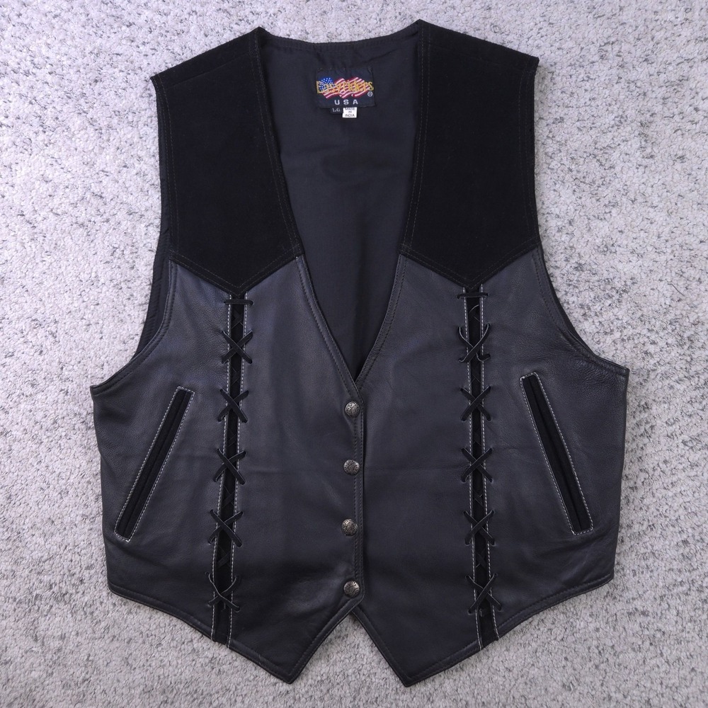 VTG Biker Vest Womens Large Leather Motorcycle Easyriders Lace Tassel Logo Black